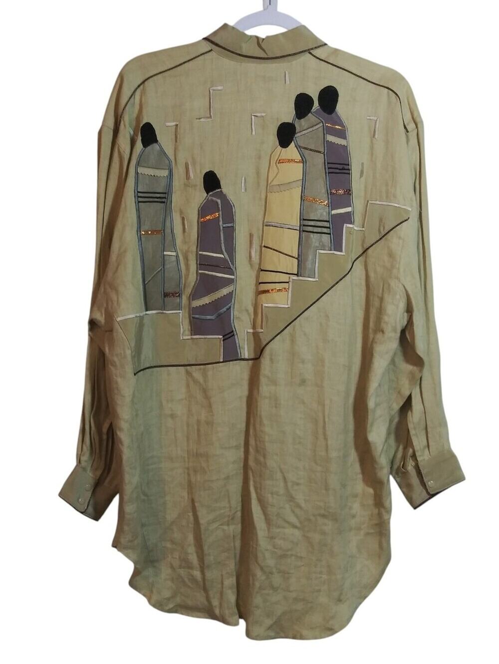 Mercedes & Adrienne Vintage 80s Embroidered Artisan Beige Button-Up Shirt Size 8